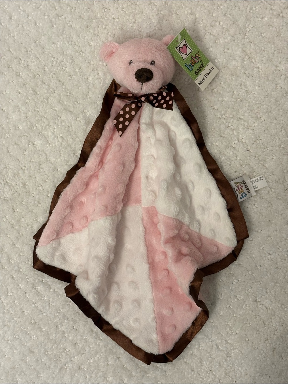Baby Ganz Plush Bear Security Blanket Lovey Pink Brown White Rattle NWT